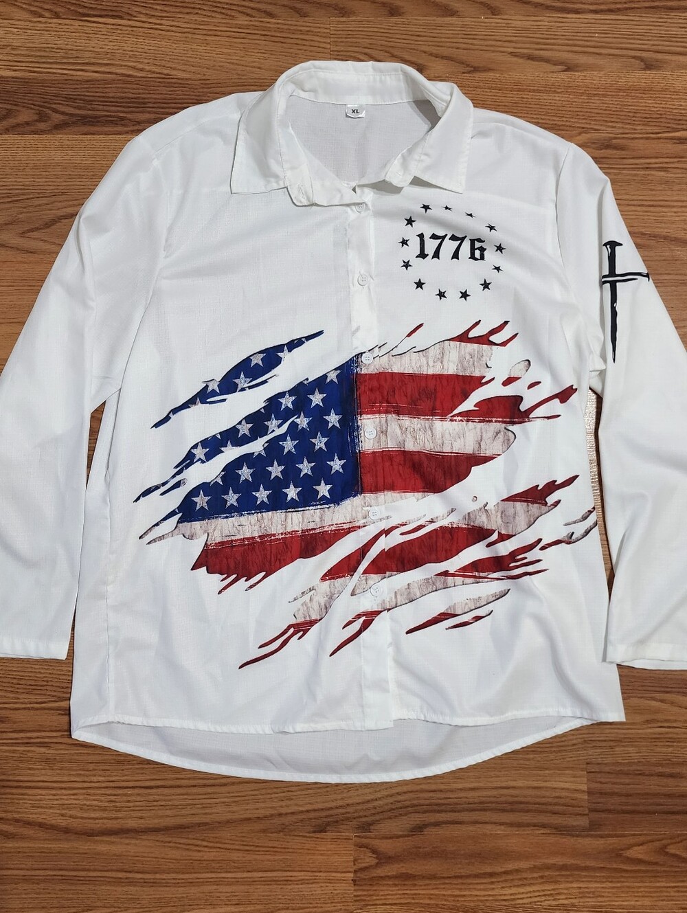 Patriotic 1776 American Flag Button Front Shirt XL White Long Sleeve USA Womens